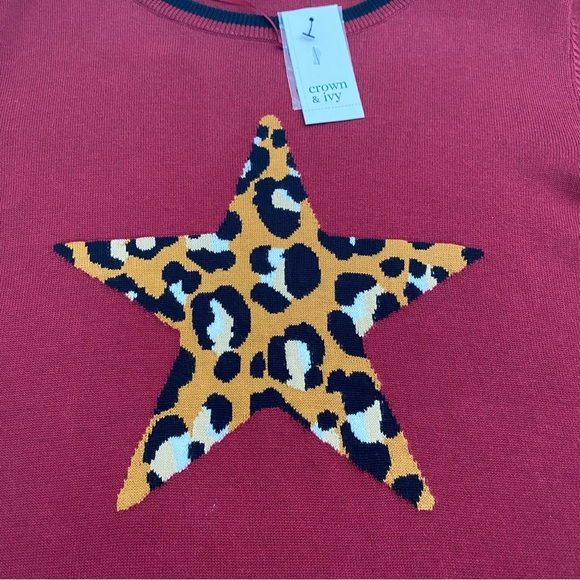 Crown & Ivy Cranberry Multicolor Intarsia Star Sweater With Stripes, Size Large - Picture 4 of 14